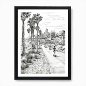 Skateboarding In Diego California, Usa Line Art Black And White 2 Art Print