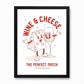 Wine And Cheese print in retro red Art Print