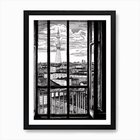 A Window View Of Berlin In The Style Of Black And White  Line Art 1 Art Print