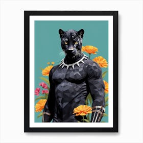 Floral Black Panther Portrait In A Suit (5) Art Print