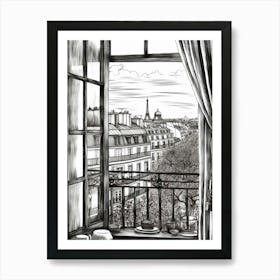 A Window View Of Paris In The Style Of Black And White  Line Art 3 Art Print