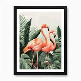 Lesser Flamingo And Philodendrons Minimalist Illustration 3 Art Print