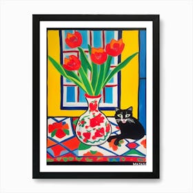 Painting Of A Still Life Of A Tulips With A Cat In The Style Of Matisse 2 Art Print