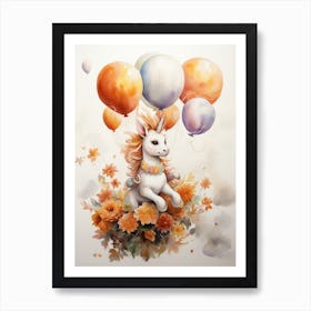 Unicorn Flying With Autumn Fall Pumpkins And Balloons Watercolour Nursery 3 Art Print