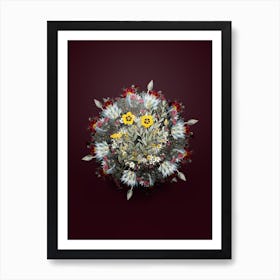 Vintage Rosa Persica Flower Wreath on Wine Red n.0500 Art Print