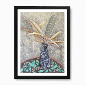 Still Life with Banksia Flower in Blue Vintage Vase  Art Print