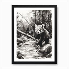 Red Panda Fishing In A Stream Ink Illustration 1 Art Print