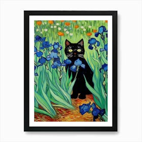 Vang Gogh Irises With Black Cat Painting Art Print