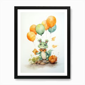 Alligator Flying With Autumn Fall Pumpkins And Balloons Watercolour Nursery 2 Art Print