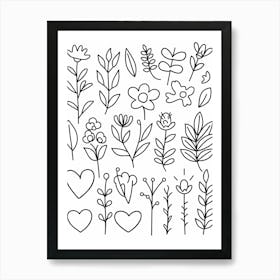 Doodle Flowers And Leaves Art Print