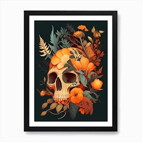 Skull With Floral Patterns 3 Orange Botanical Art Print