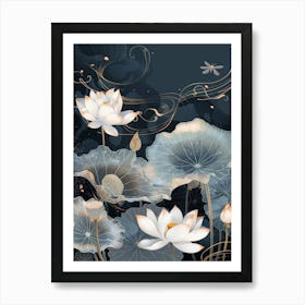 Lotus Flower With Dragonfly Art Print