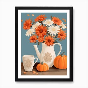 Pitcher With Sunflowers, Atumn Fall Daisies And Pumpkin Latte Cute Illustration 6 Art Print