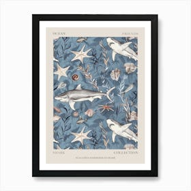 Pastel Blue Scalloped Hammerhead Shark Watercolour Seascape Pattern 1 Poster Art Print