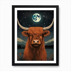Highland Cow In Moonlight Textured Illustration 4 Art Print