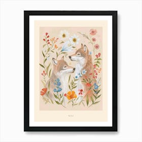 Folksy Floral Animal Drawing Wolf 3 Poster Art Print