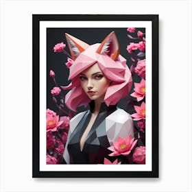 Low Poly Fox Girl,Black And Pink Flowers (8) Art Print