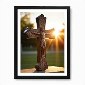 An Intricately Carved Wooden Cross Representing Faith Its Silhouette Beautifully Etched Against Thi (2) Art Print