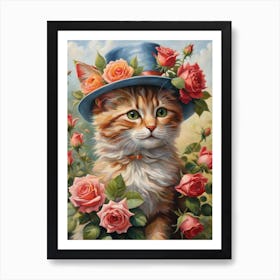 Floral Cat In A Hat Art Print