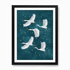 Flying Crane Birds In A Starry Sky Art Print