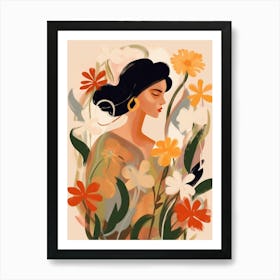 Woman With Autumnal Flowers Flax Flower 3 Art Print