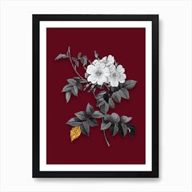 Vintage White Rosebush Black and White Gold Leaf Floral Art on Burgundy Red n.0758 Art Print