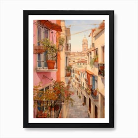 Malaga Spain 1 Vintage Pink Travel Illustration Art Print