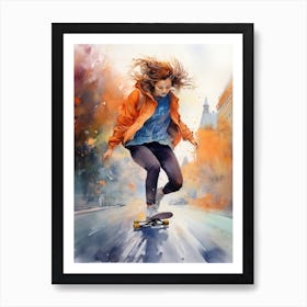 Girl Skateboarding In Copenhagen, Denmark Watercolour 4 Art Print