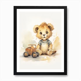 Playing With Toy Car Watercolour Lion Art Painting 1 Art Print