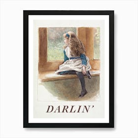 Darlin'. Vintage Nursery Illustration with Little Girl and Typography, Kids Room Art Print