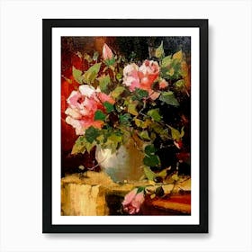 Antique Art - Vase of Pink Roses | Oil on Panel Art Print