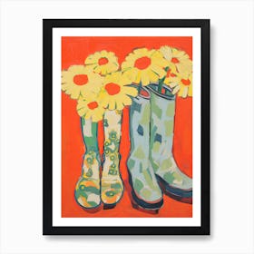 Painting Of Yellow Flowers And Cowboy Boots, Oil Style 7 Art Print