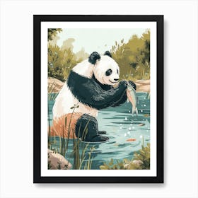 Giant Panda Catching Fish In A Tranquil Lake Storybook Illustration 4 Art Print