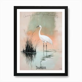 Serene White Crane In Zen Reeds, soft palette watercolor minimalist Calm Poster Art Print