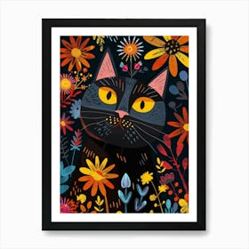 Black Cat In Flowers 11 Art Print