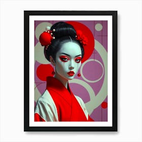 Geisha in Red-Pink Illustration-1 Art Print