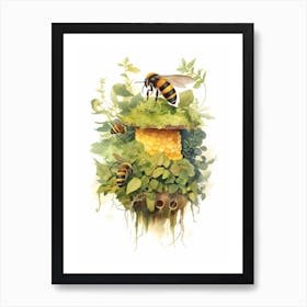 Bumble Bee Beehive Watercolour Illustration 1 Art Print