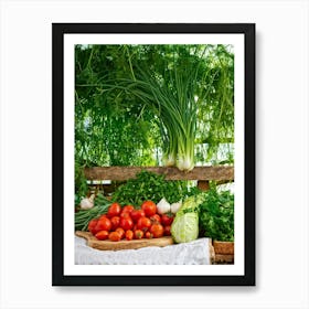 A Tranquil Domestic Garden Overflowing With Vibrant Vegetables Gleaming Tomatoes Peep From The Le (4) Art Print