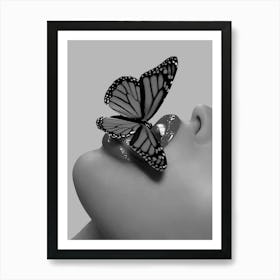 Butterfly On Lips Black And White Art Print