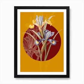 Vintage Botanical Spanish Iris Iris xiphium on Circle Red on Yellow n.0090 Art Print