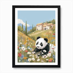 Giant Panda Cub In A Field Of Flowers Storybook Illustration 4 Art Print