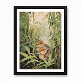 Ducklings In The Leaves Japanese Woodblock Style 3 Art Print