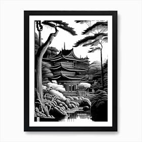 Ginkaku Ji Temple, 1 Japan Linocut Black And White Vintage Art Print