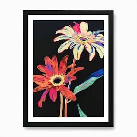 Neon Flowers On Black Gerbera Daisy 3 Art Print