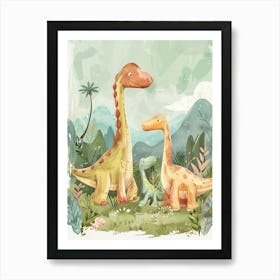 Dinosaur Family In The Meadow Storybook Style Painting Art Print