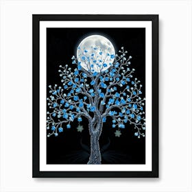 Blue Tree With Moon Art Print