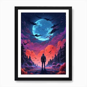 Dark Black Forest Full Moon Painting Art Print