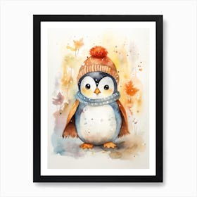 A Penguin Watercolour In Autumn Colours 1 Art Print