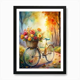 A Basket Of Fresh Flowers On A Bicycle Surrounde (1) Art Print