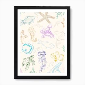 Sea Animals Line Drawing Poster Art Print